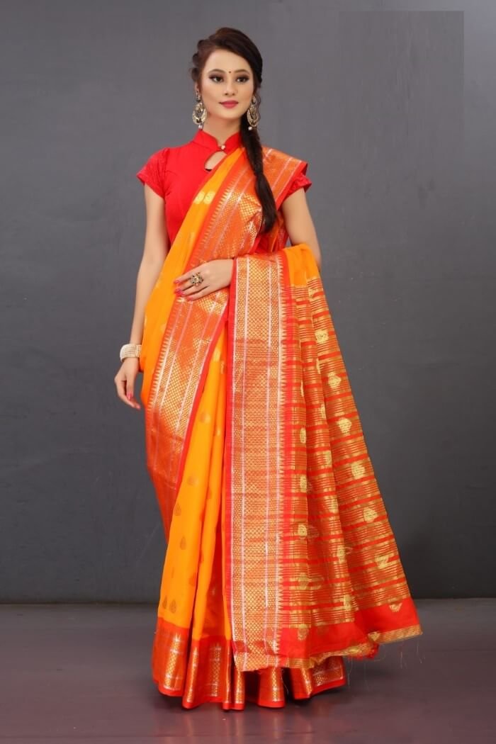 Jacquard Lichi Silk Yellow Saree With Unstiched Blouse Piece main image 0